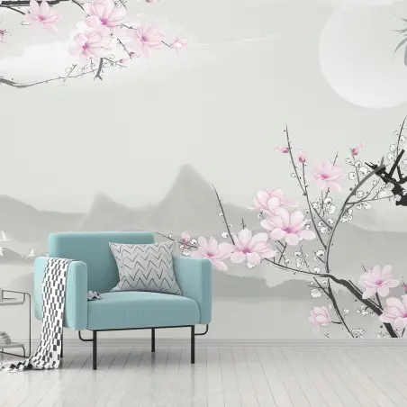 Papier peint FLEURS CERISIER ASIE MONTAGNES ZEN POUR SALON – Wallnifity®