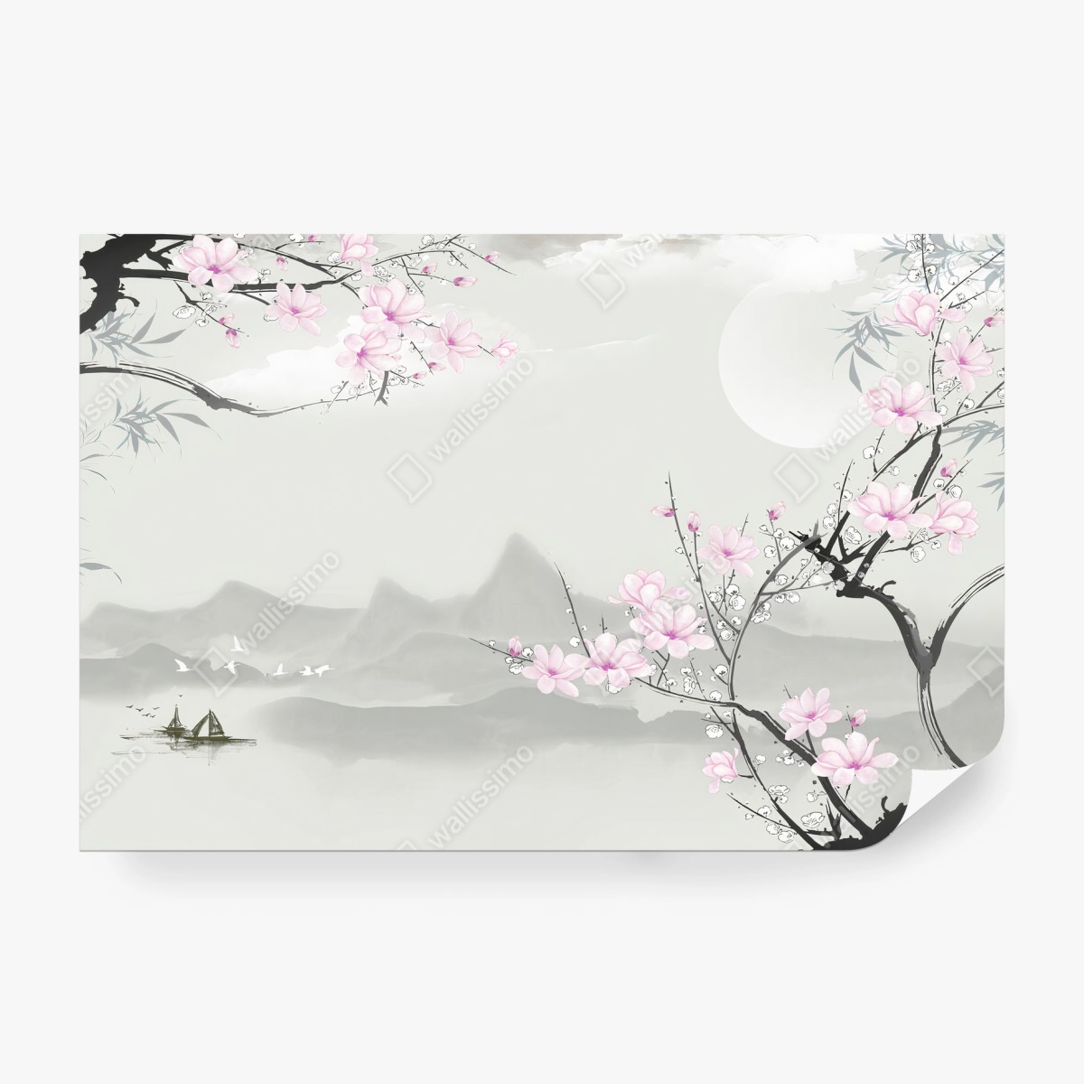 Papier peint FLEURS CERISIER ASIE MONTAGNES ZEN POUR SALON – Wallnifity®
