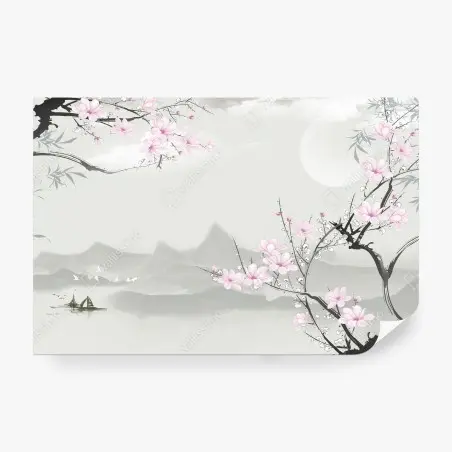 Papier peint FLEURS CERISIER ASIE MONTAGNES ZEN POUR SALON – Wallnifity®