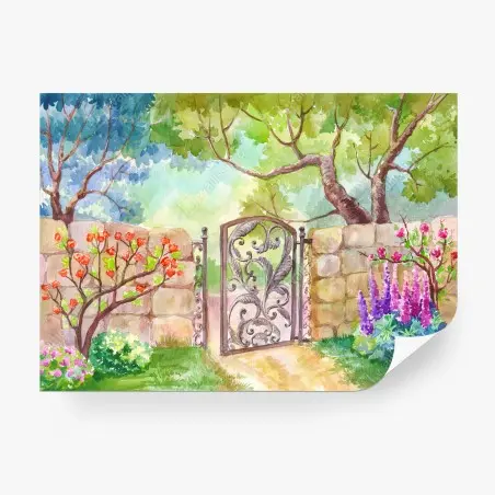 Papier peint JARDIN AQUARELLE FLEURS PORTAIL ETE POUR BUREAU – Wallnifity®