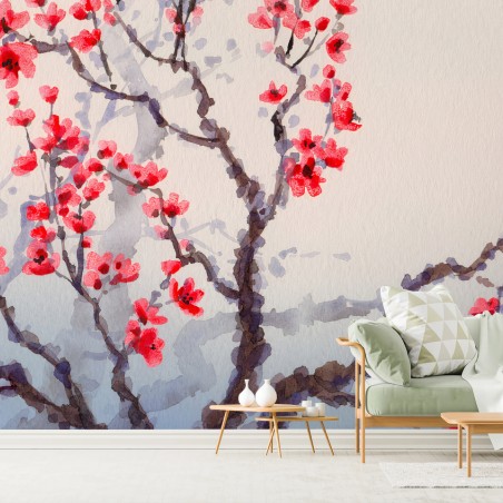 Papier peint FLEUR CERISIER ROUGE ARBRE PRINTEMPS POUR LE SALON – Wallnifity®