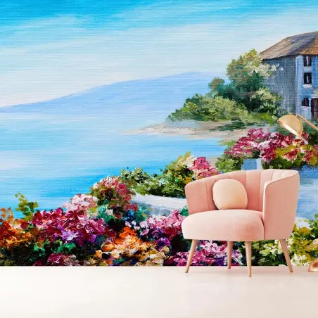Papier peint MER CÔTE MAISON FLEURS PAYSAGE POUR SALON – Wallnifity®