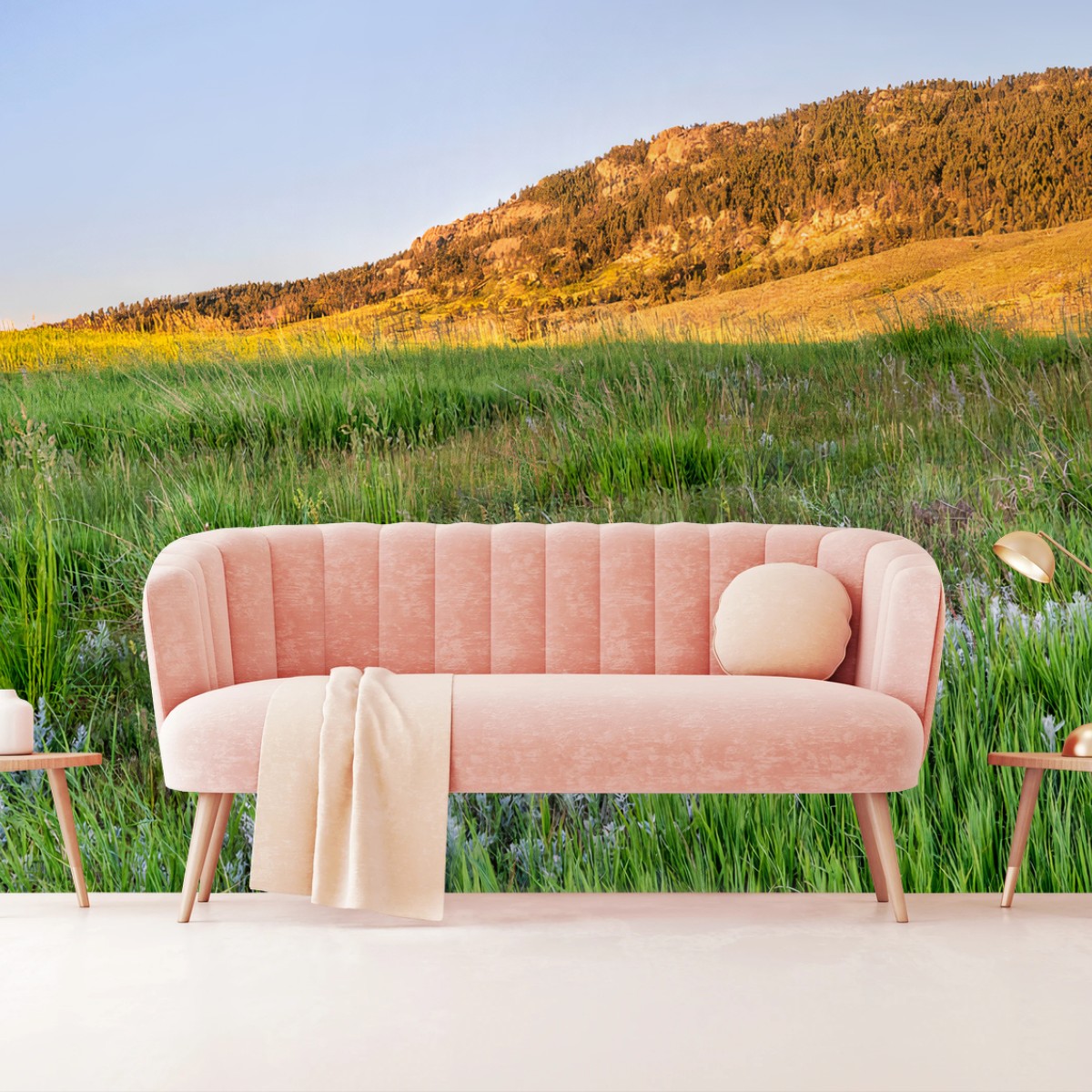 Papier peint MONTAGNES PRAIRIE HERBE SOIR LUMIÈRE POUR SALON – Wallnifity®