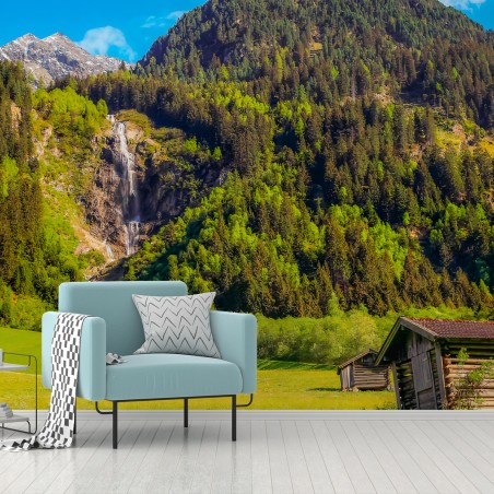 Papier peint MONTAGNE CASCADE NATURE CHALET PRAIRIE POUR SALON – Wallnifity®