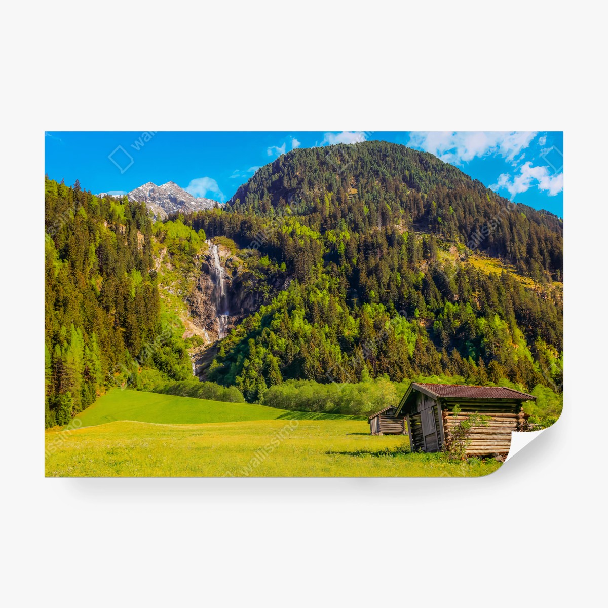 Papier peint MONTAGNE CASCADE NATURE CHALET PRAIRIE POUR SALON – Wallnifity®