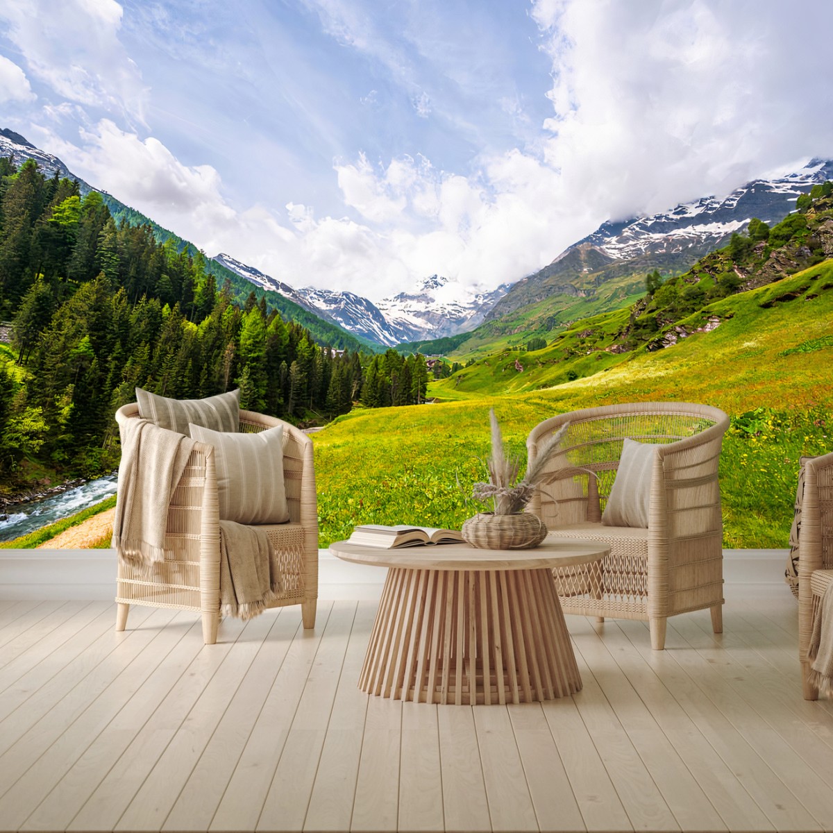 Papier peint MONTAGNES VALLÉE ALPINES VERT PAYSAGE POUR SALON – Wallnifity®