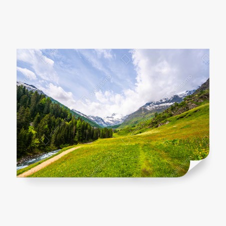 Papier peint MONTAGNES VALLÉE ALPINES VERT PAYSAGE POUR SALON – Wallnifity®