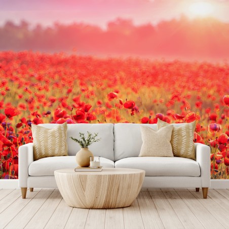 Papier peint COQUELICOT CHAMP PRAIRIE FLEURS AUBE POUR SALON – Wallnifity®
