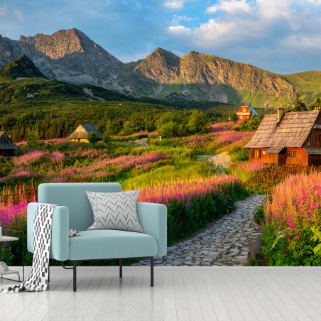 Papier peint ALPES PRAIRIE FLEURS CHALET PAYSAGE POUR SALON – Wallnifity®