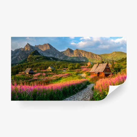 Papier peint ALPES PRAIRIE FLEURS CHALET PAYSAGE POUR SALON – Wallnifity®