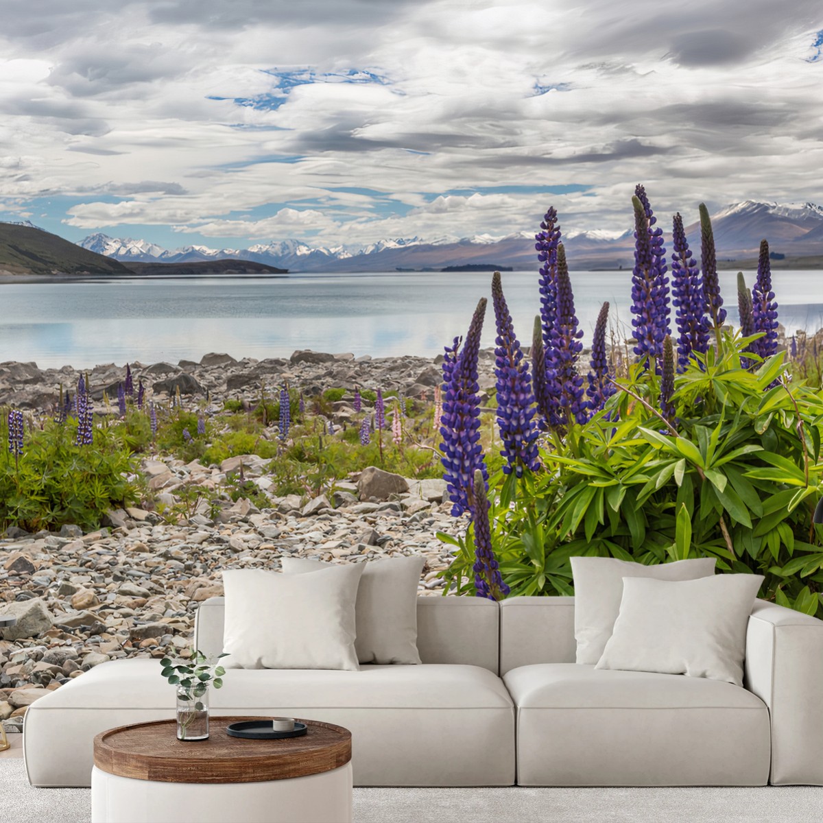 Papier peint LAC MONTAGNES LUPIN NATURE PAYSAGE POUR SALON – Wallnifity®