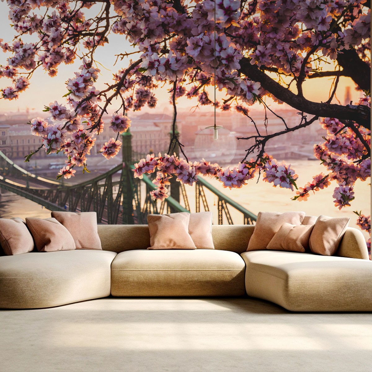 Papier peint CERISIER FLEURS PONT COUCHER VILLE POUR SALON – Wallnifity®