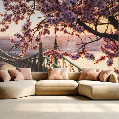 Papier peint CERISIER FLEURS PONT COUCHER VILLE POUR SALON – Wallnifity®