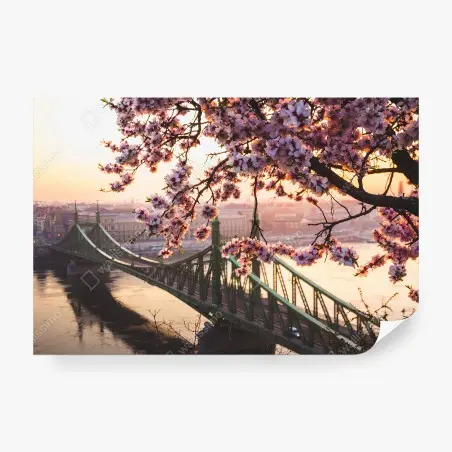 Papier peint CERISIER FLEURS PONT COUCHER VILLE POUR SALON – Wallnifity®