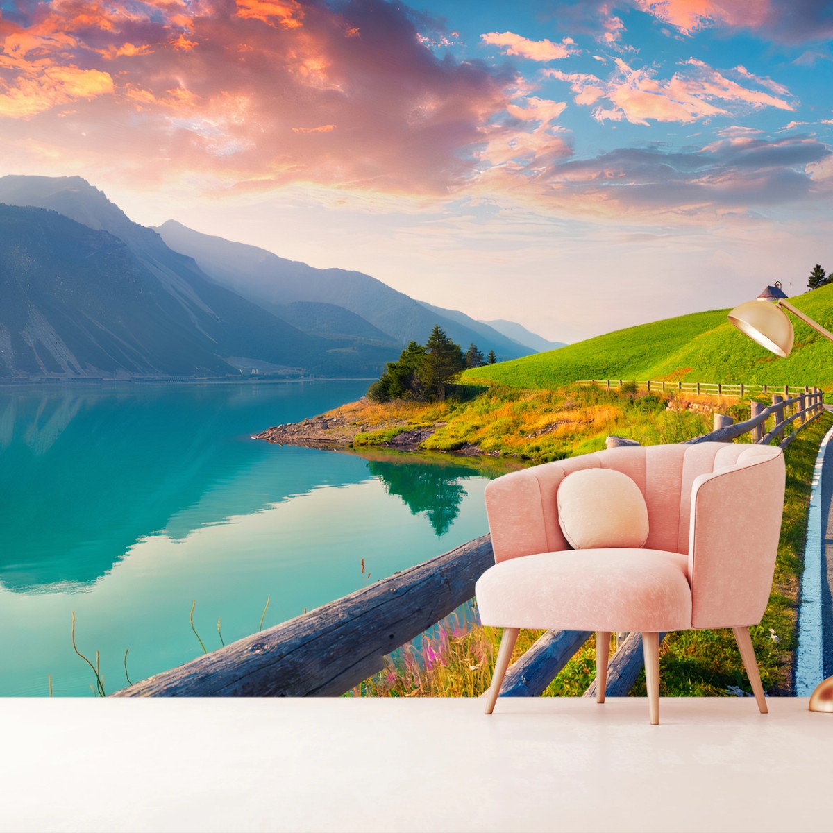 Papier peint LAC MONTAGNES SOLEIL TURQUOISE SENTIER POUR SALON – Wallnifity®