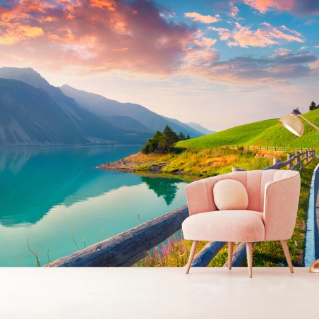 Papier peint LAC MONTAGNES SOLEIL TURQUOISE SENTIER POUR SALON – Wallnifity®