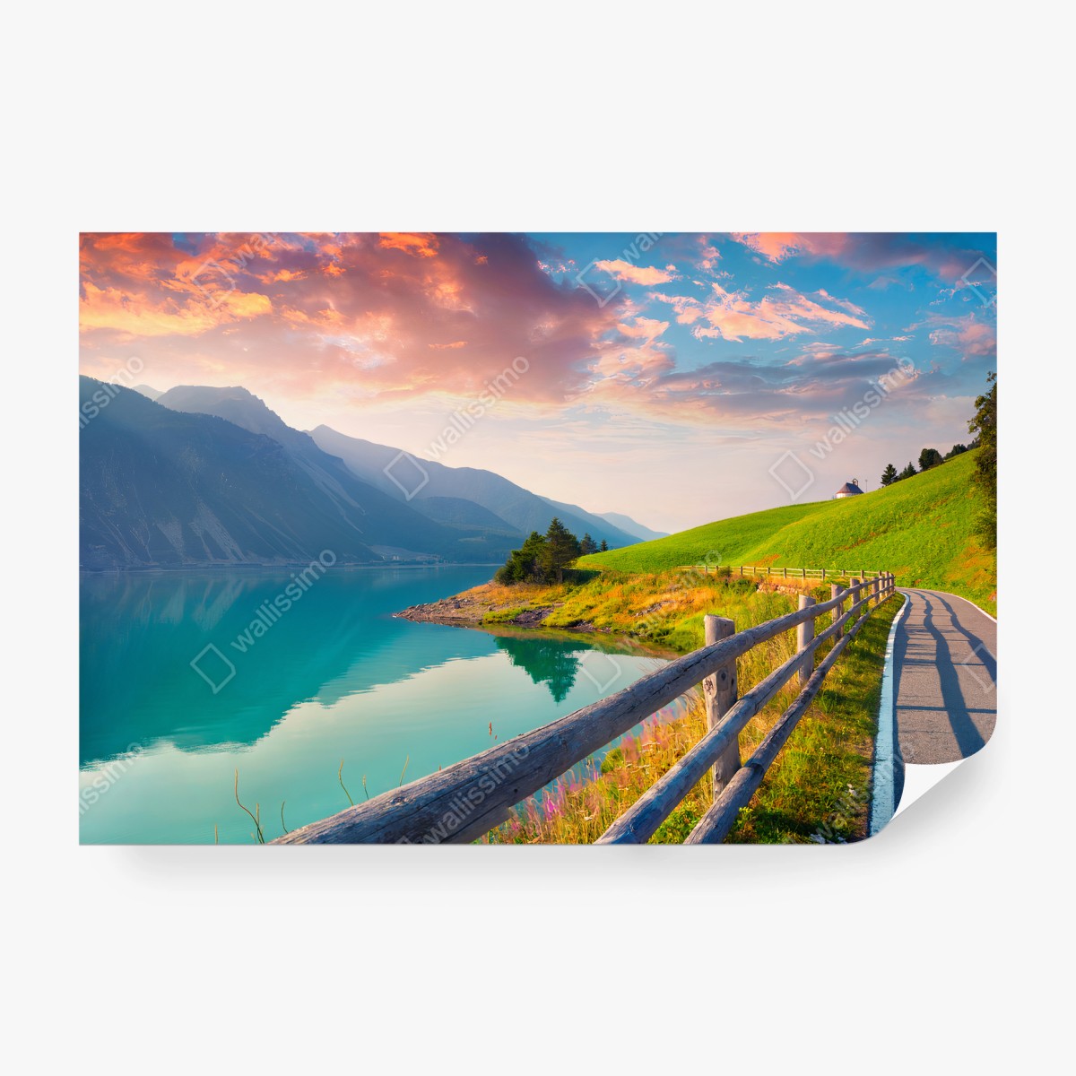 Papier peint LAC MONTAGNES SOLEIL TURQUOISE SENTIER POUR SALON – Wallnifity®