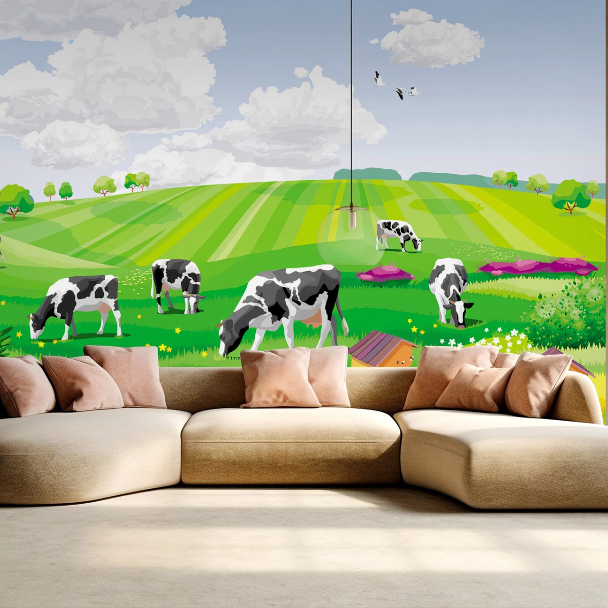 Papier peint PAYSAGE VACHES PRAIRIE VERTE ÉTÉ POUR SALON – Wallnifity®