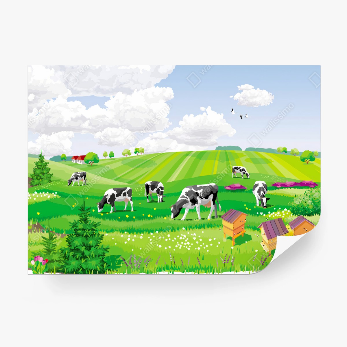 Papier peint PAYSAGE VACHES PRAIRIE VERTE ÉTÉ POUR SALON – Wallnifity®