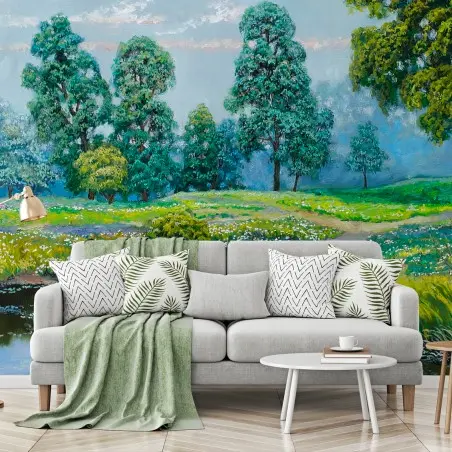 Papier peint PAYSAGE PRAIRIE ETANG ARBRE FLEUR POUR SALON – Wallnifity®