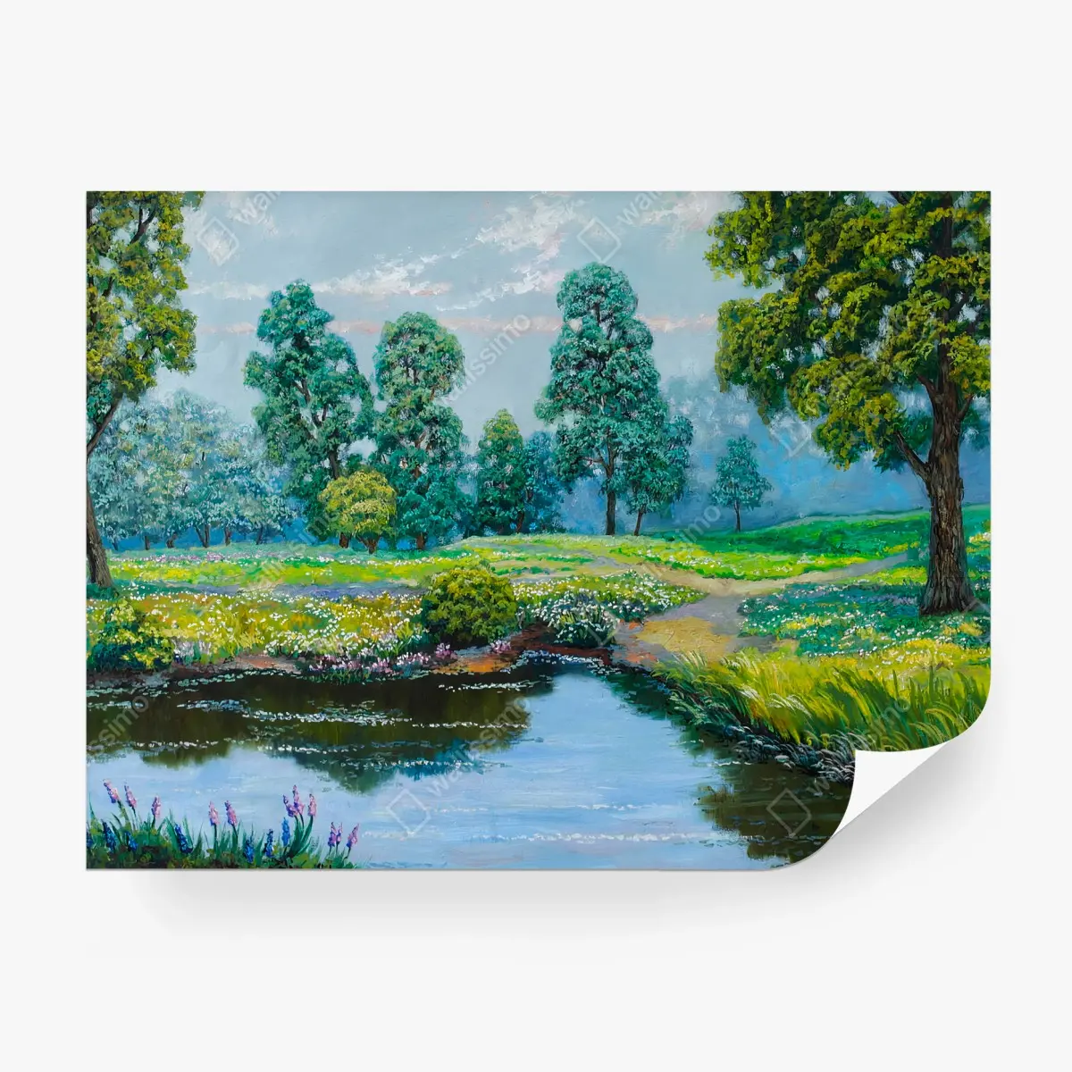 Papier peint PAYSAGE PRAIRIE ETANG ARBRE FLEUR POUR SALON – Wallnifity®