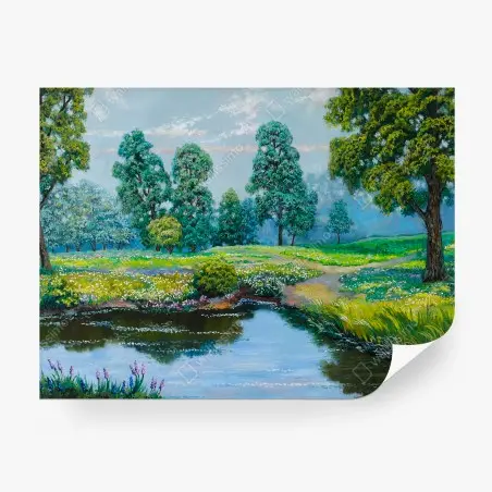 Papier peint PAYSAGE PRAIRIE ETANG ARBRE FLEUR POUR SALON – Wallnifity®