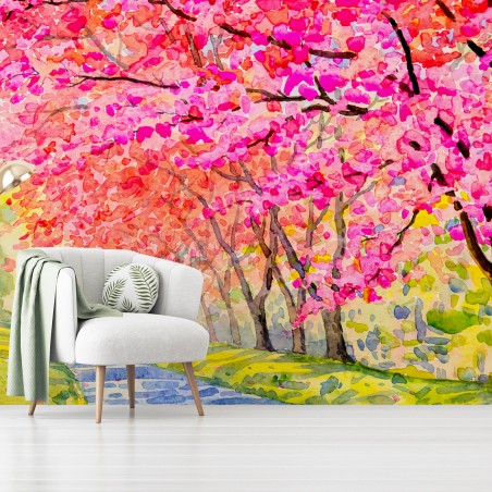 Papier peint ROSE FLEURS CERISIER AQUARELLE PAYSAGE POUR SALON – Wallnifity®