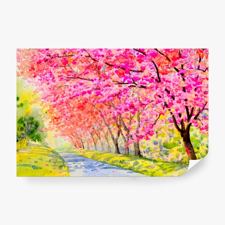 Papier peint ROSE FLEURS CERISIER AQUARELLE PAYSAGE POUR SALON – Wallnifity®