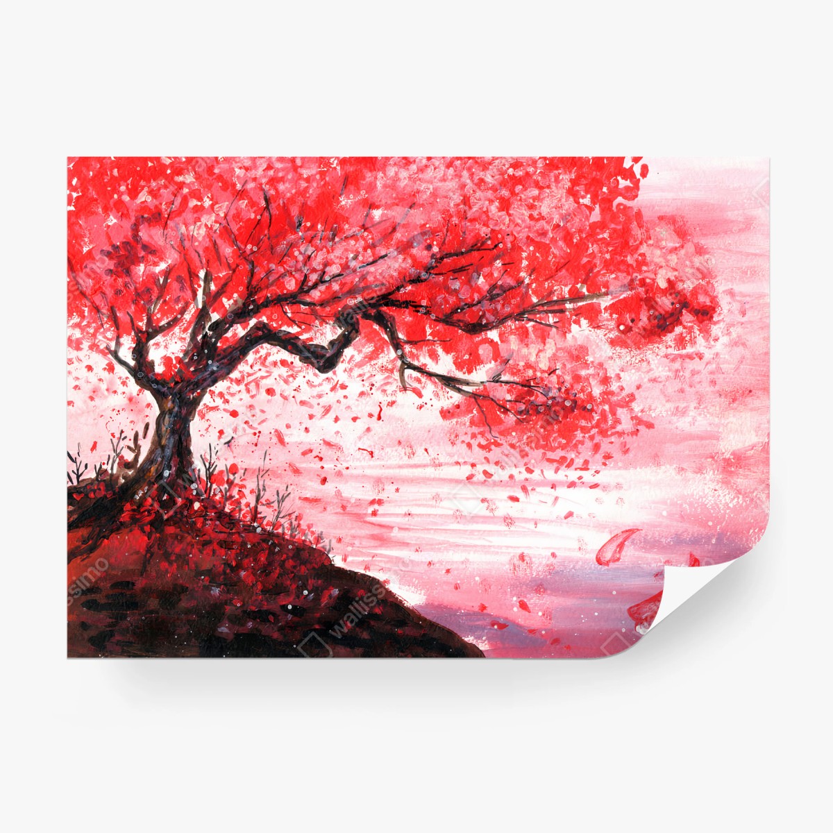 Papier peint ROUGE CERISIER FLEURS ARBRE AQUARELLE POUR LE SALON – Wallnifity®