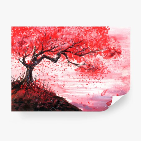 Papier peint ROUGE CERISIER FLEURS ARBRE AQUARELLE POUR LE SALON – Wallnifity®