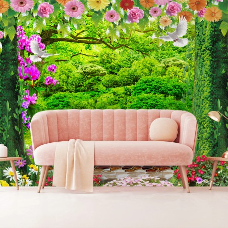 Papier peint FLEURS JARDIN VERT NATURE ROMANTIQUE POUR SALON – Wallnifity®