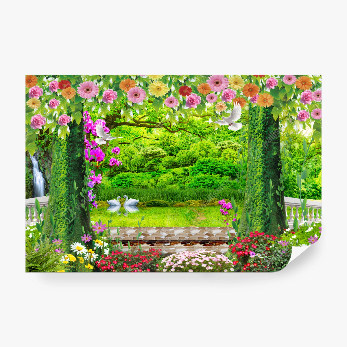 Papier peint FLEURS JARDIN VERT NATURE ROMANTIQUE POUR SALON – Wallnifity®