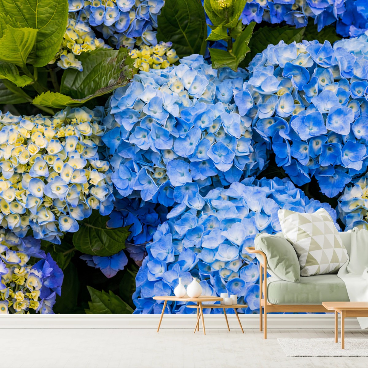 Papier peint BLEUE HORTENSIA FLEURS JARDIN NATURE POUR SALON – Wallnifity®