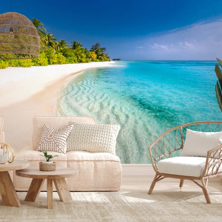 Papier peint PLAGE MER TURQUOISE PALMIERS SABLE POUR SALON – Wallnifity®