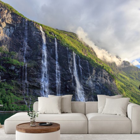 Papier peint CASCADE MONTAGNE NATURE PAYSAGE VERT POUR SALON – Wallnifity®
