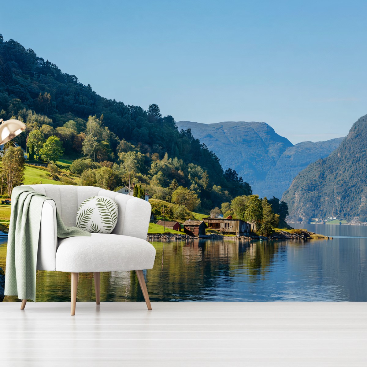 Papier peint FJORD LAC MONTAGNE VILLAGE PAYSAGE POUR SALON – Wallnifity®