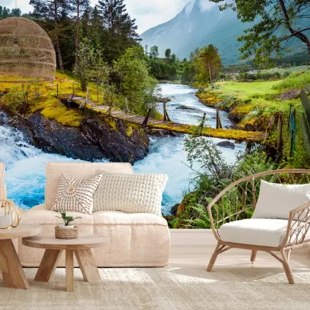 Papier peint NORVEGE MONTAGNES RIVIERE PONT BEAU POUR SALON – Wallnifity®