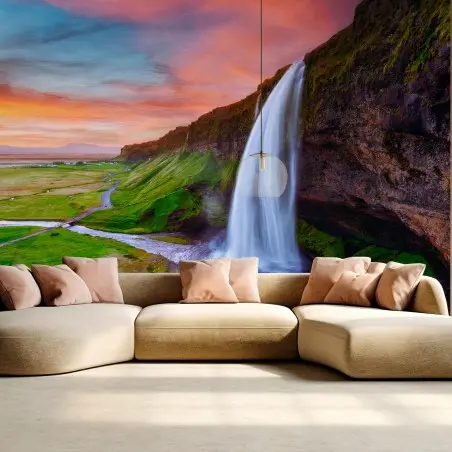 Papier peint CASCADE COUCHER PAYSAGE NATURE VERT POUR SALON – Wallnifity®