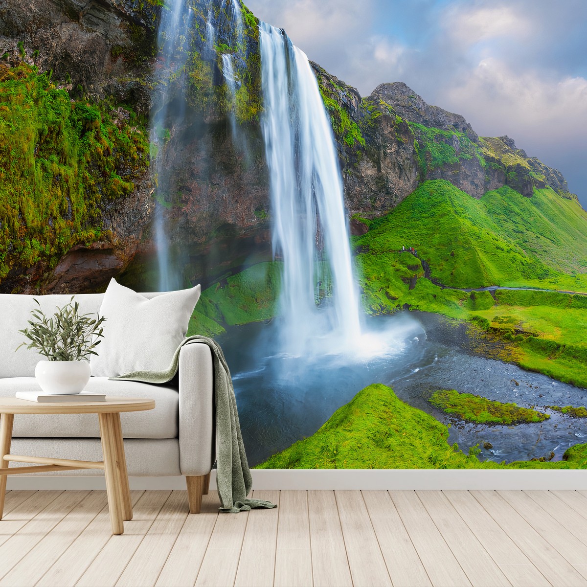 Papier peint ISLANDE CASCADE ARC-EN-CIEL NATURE VERT POUR SALON – Wallnifity®