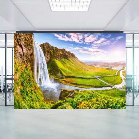 Papier peint ISLANDE CASCADE COUCHER NATURE PAYSAGE POUR BUREAU – Wallnifity®