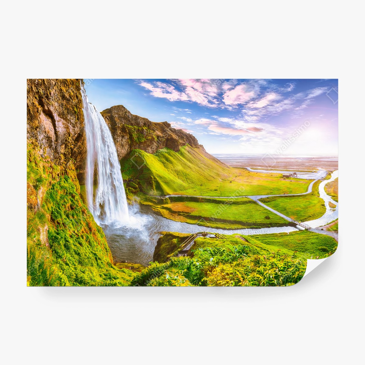 Papier peint ISLANDE CASCADE COUCHER NATURE PAYSAGE POUR BUREAU – Wallnifity®