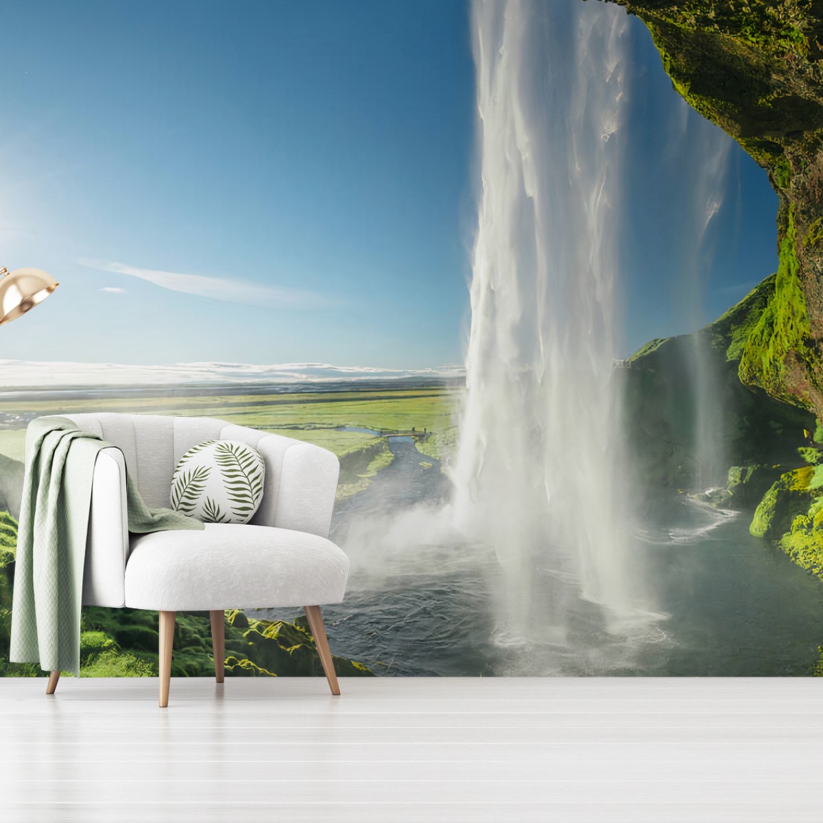Papier peint ISLANDE CASCADE PAYSAGE VERT SOLEIL POUR SALON – Wallnifity®