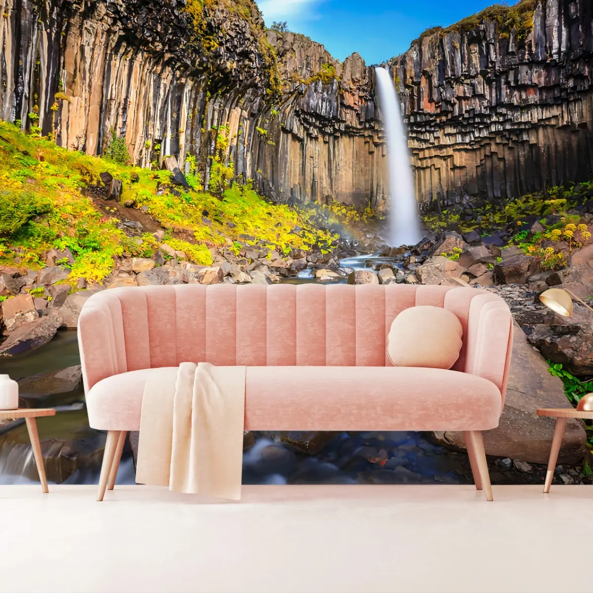 Papier peint ISLANDE CASCADE BASALTE PAYSAGE NATURE POUR SALON – Wallnifity®
