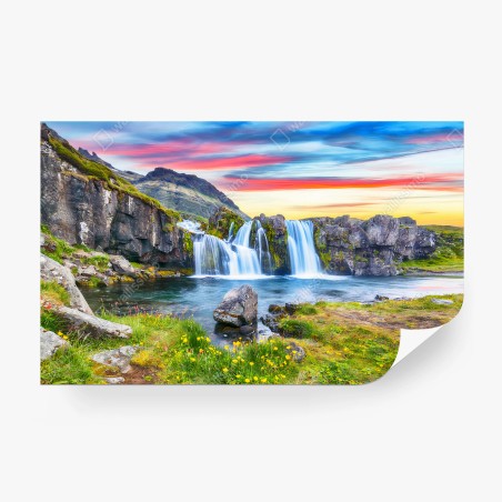 Papier peint ISLANDE CASCADE COUCHER MONTAGNE PAYSAGE POUR SALON – Wallnifity®