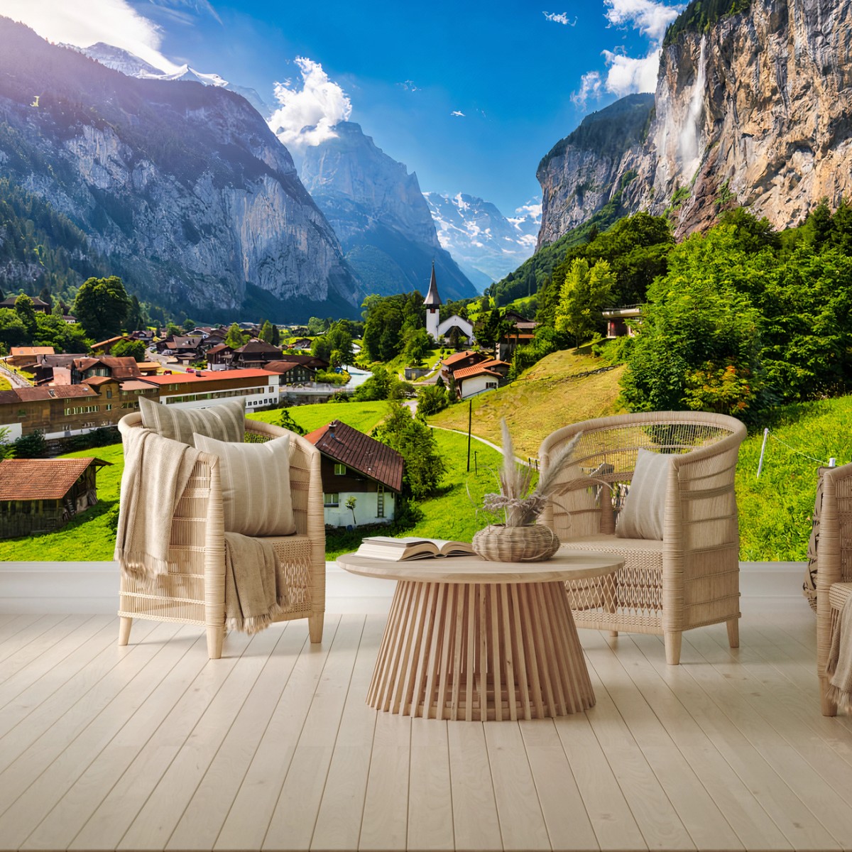 Papier peint ALPES CASCADE VILLAGE EGLISE VALLEE POUR SALON – Wallnifity®