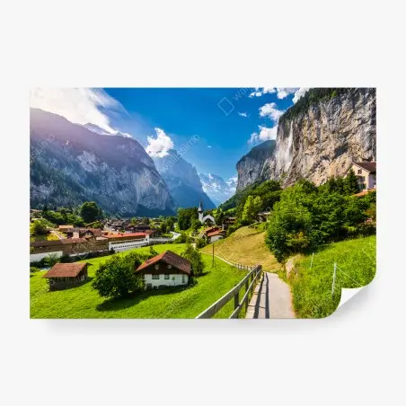 Papier peint ALPES CASCADE VILLAGE EGLISE VALLEE POUR SALON – Wallnifity®