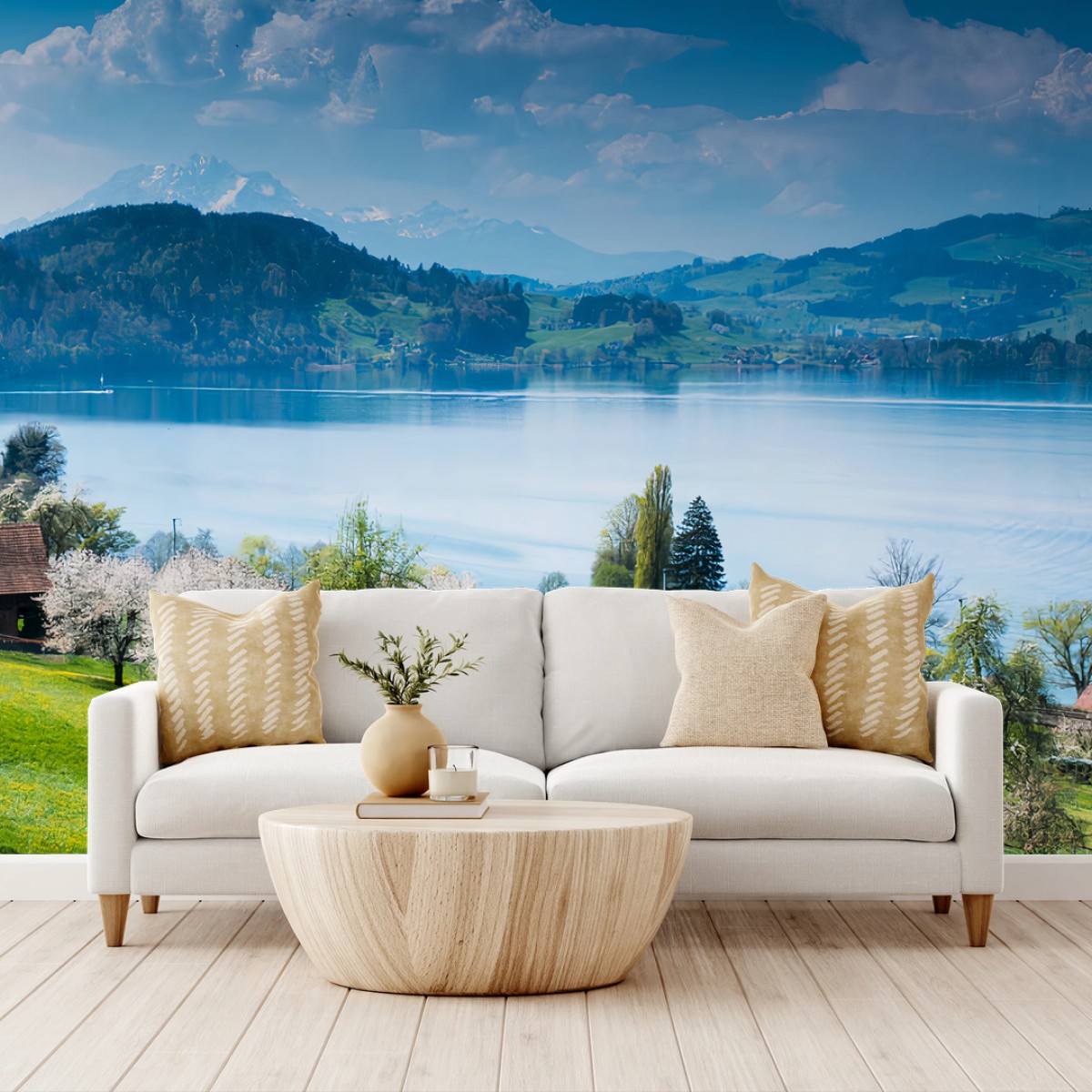 Papier peint SUISSE LAC MONTAGNES PAYSAGE VERT POUR SALON – Wallnifity®