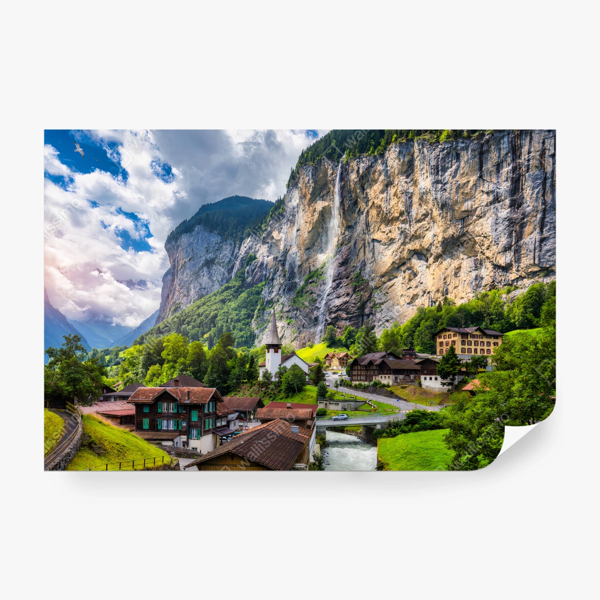 Papier peint SUISSE CASCADE ALPES VILLAGE MONTAGNE POUR LE SALON – Wallnifity®
