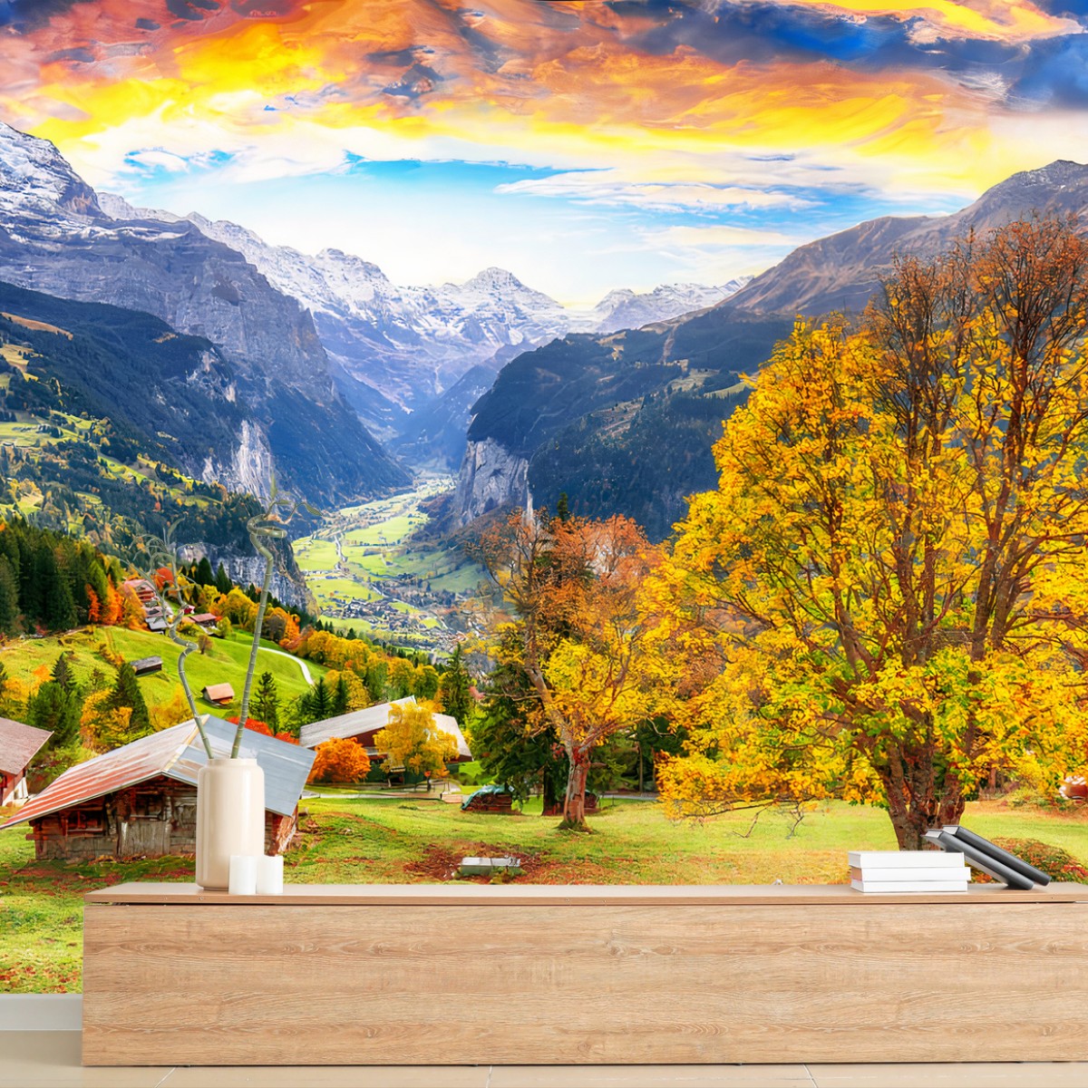 Papier peint ALPES MONTAGNE VALLEE AUTOMNE VILLAGE POUR LE SALON – Wallnifity®