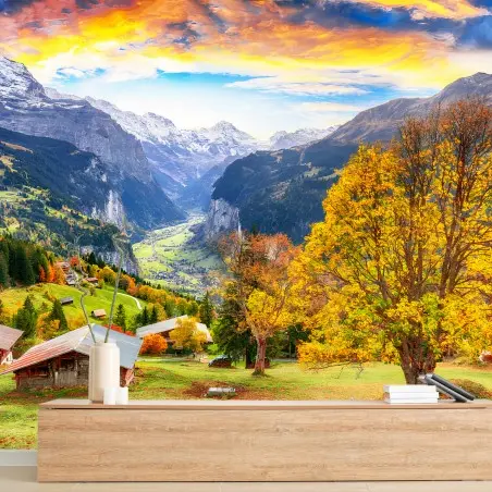Papier peint ALPES MONTAGNE VALLEE AUTOMNE VILLAGE POUR LE SALON – Wallnifity®